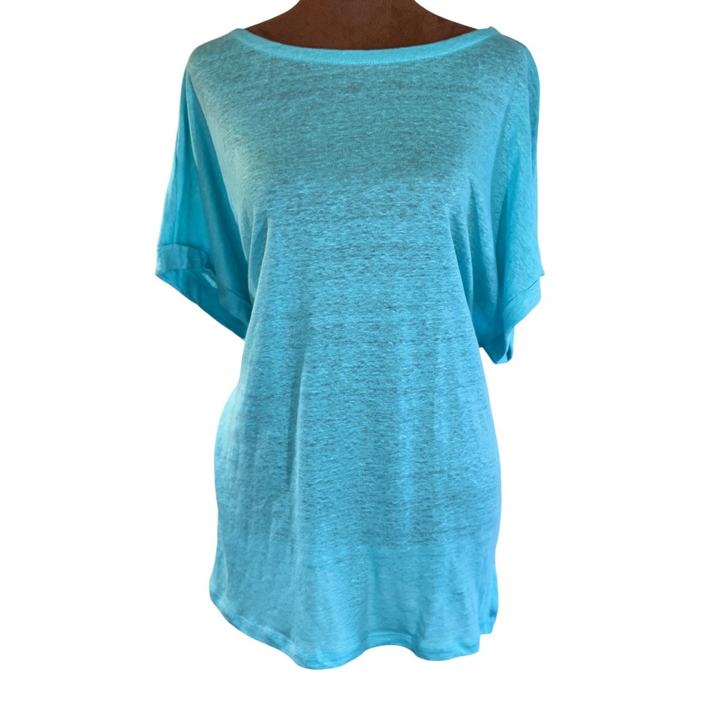 Charter Club Linen Top Women's 1X Blue‎ Short Sleeve Lightweight NWT Semi Sheer